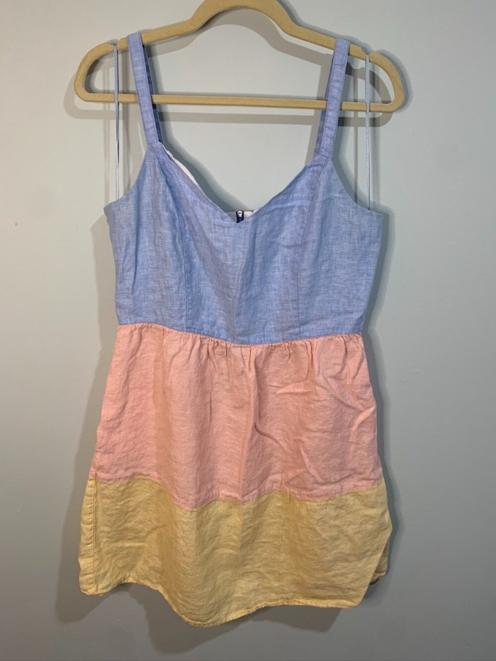 Cynthia Rowley 100% Linen Colorblock Dress Blue Pink Yellow Sleeveless Size L